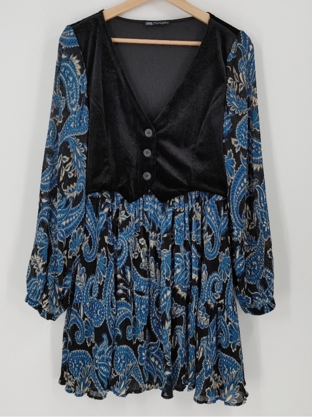 Zara Black Velvet Bodice Blue Paisley Long Sleeve Dress
